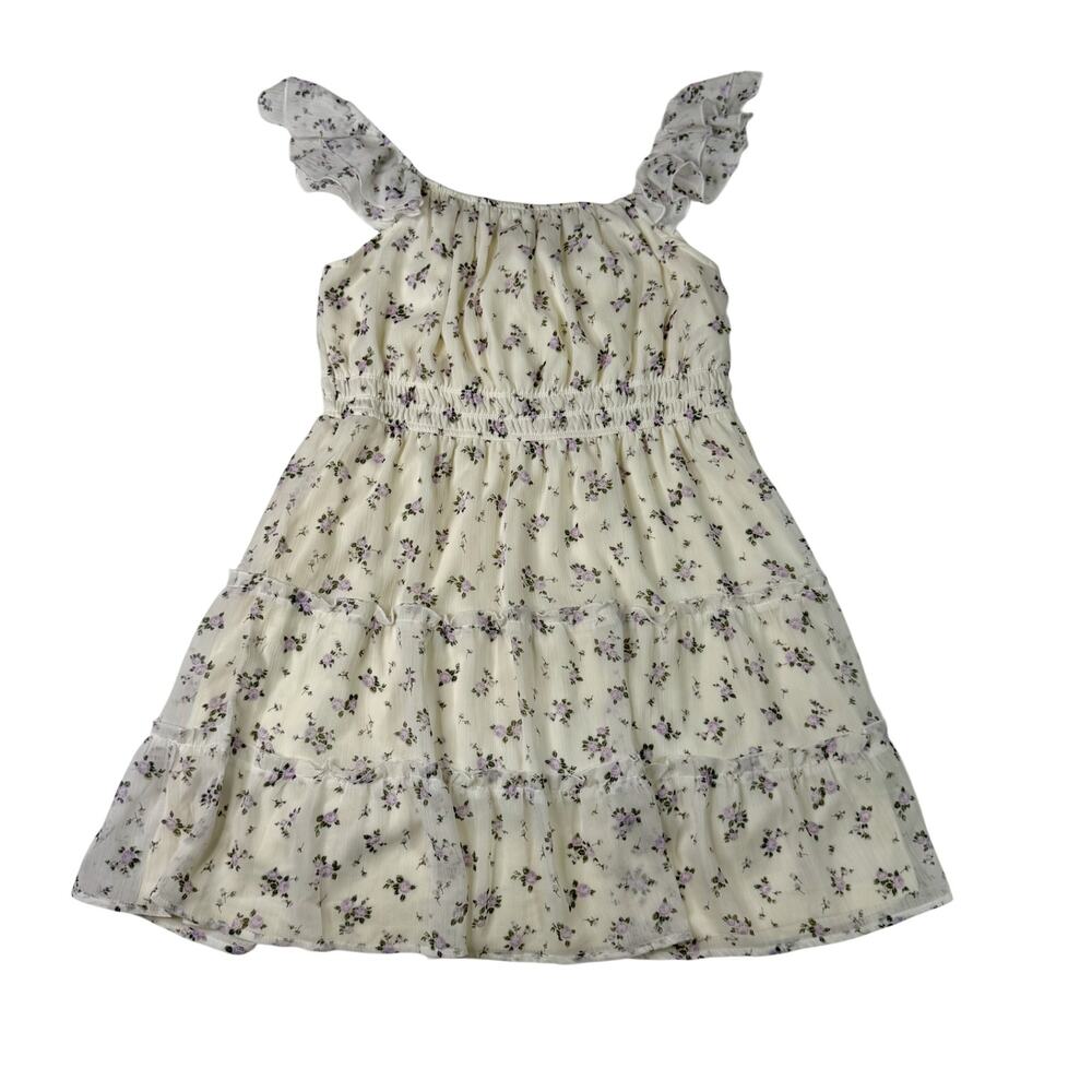 Babydoll Floral Mini Dress XL Ivory Lavender Coquette Cottagecore Tiered Ruffle - Picture 6 of 16